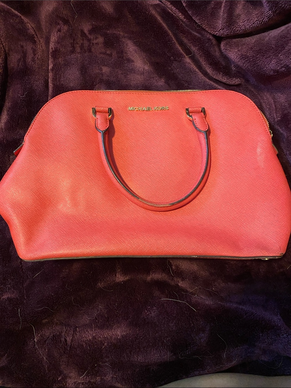 Michael Kors Coral-Red Saffiano Dome Satchel with Gold Logo